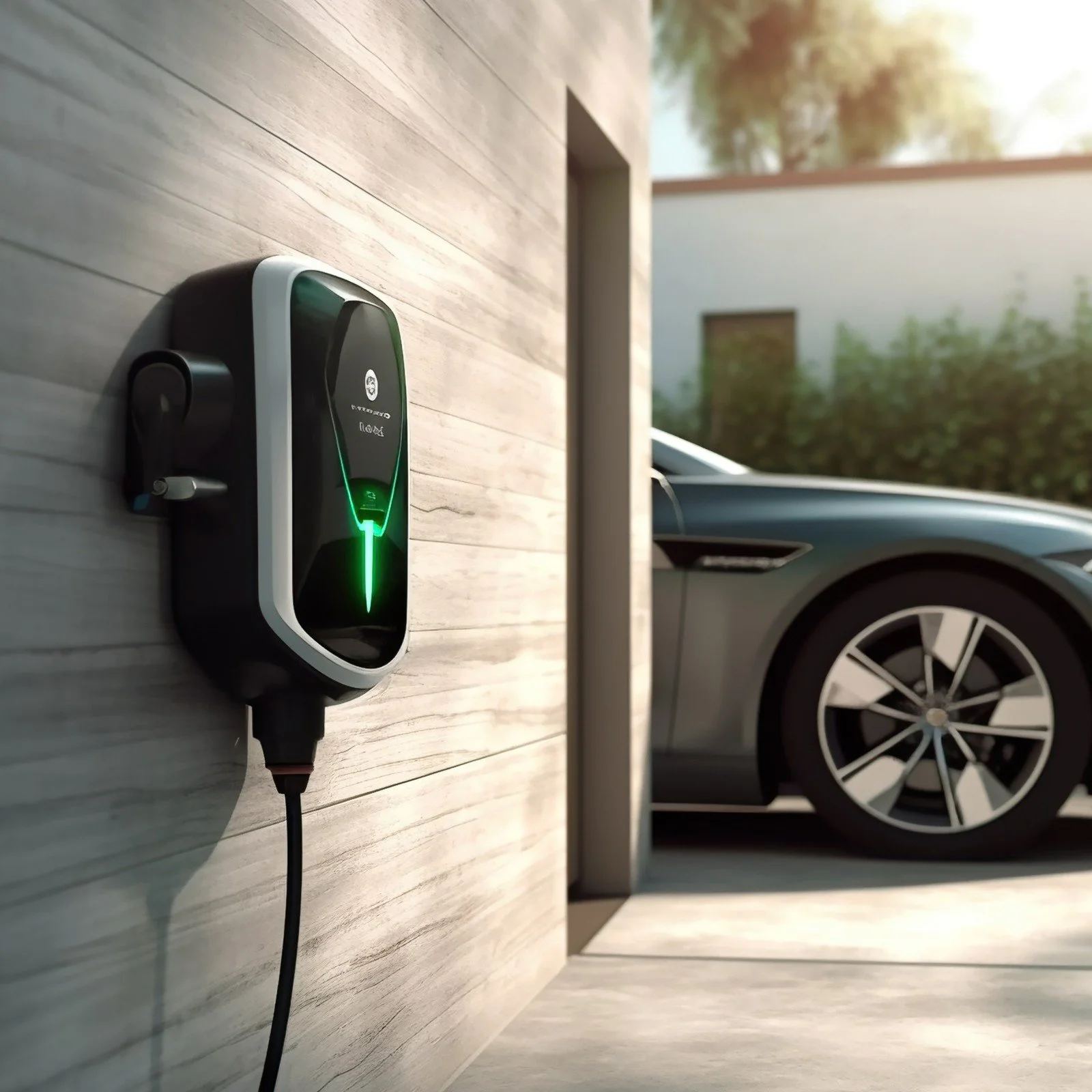 An electric car charging station with a connected charger, outside a modern house. A grey electric vehicle is parked nearby.