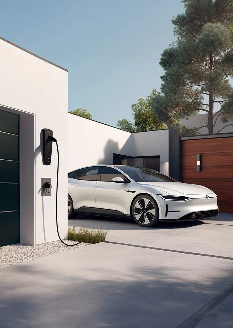 A white electric car is parked outside a modern house, connected to an electric vehicle charging station on the white wall.