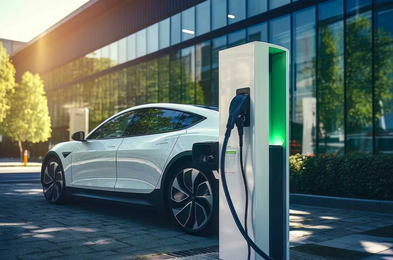 An electric car charging at a charging station outside a modern building with large glass windows, daytime, sunlight.