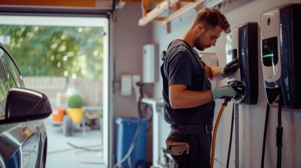 A male technician in a garage charges an electric vehicle using a wall-mounted charger.
