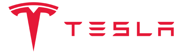 Tesla logo with the company name in red text