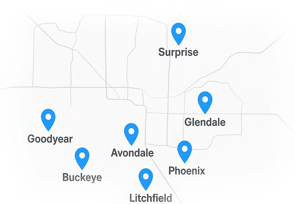 Map of the Phoenix metropolitan area highlighting Surprise, Glendale, Avondale, Goodyear, Buckeye, Litchfield, and Phoenix cities in Arizona.