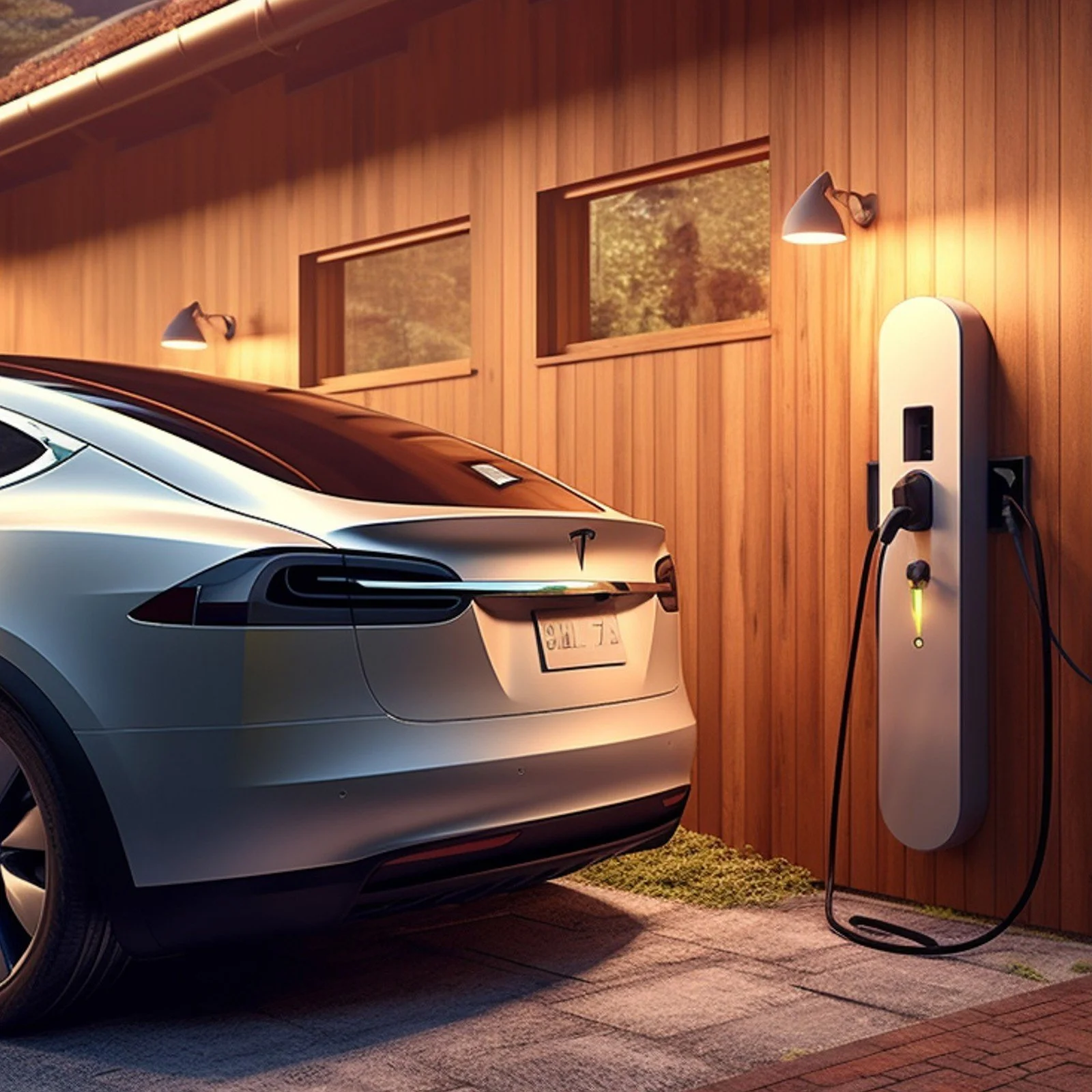A silver Tesla electric vehicle plugged into an electric charging station outside a house with wooden siding at dusk.