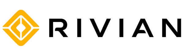 Rivian logo with a yellow diamond-shaped emblem and the word Rivian in black text.