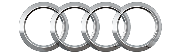 Close-up of the Audi logo consisting of four interconnected silver rings on a dark background.