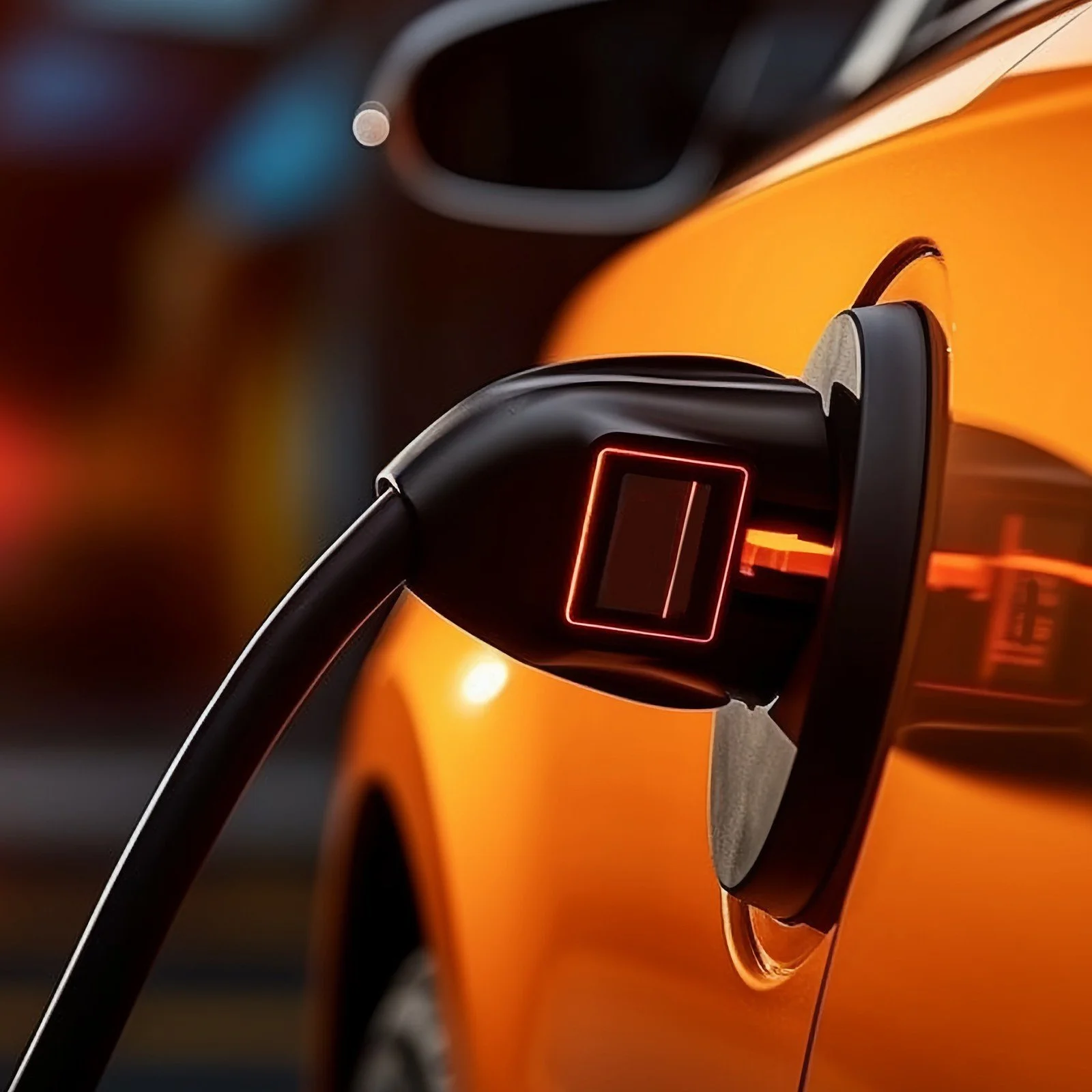 Electric car charging with a black and red charging plug connected to an orange vehicle.