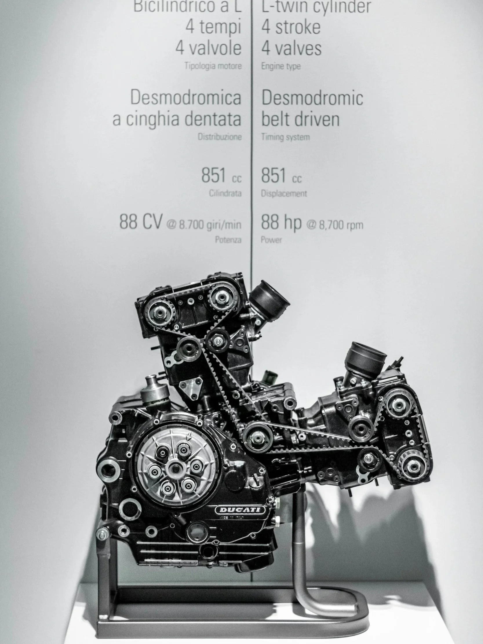 Ducati engine on display with specifications listed above.