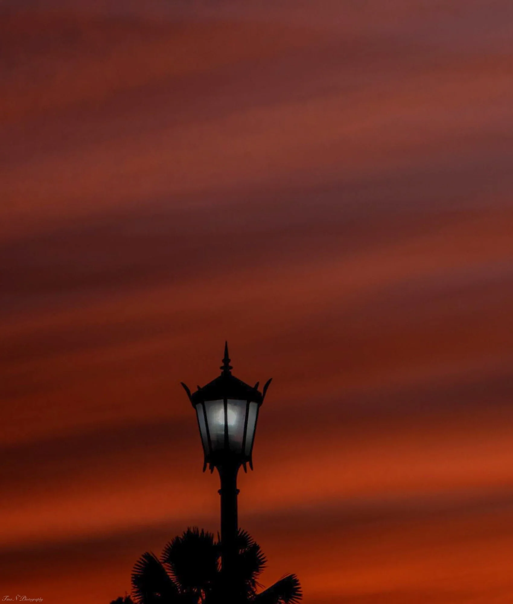 A streetlamp silhouette against a colorful sunset sky with shades of red, orange, and purple.