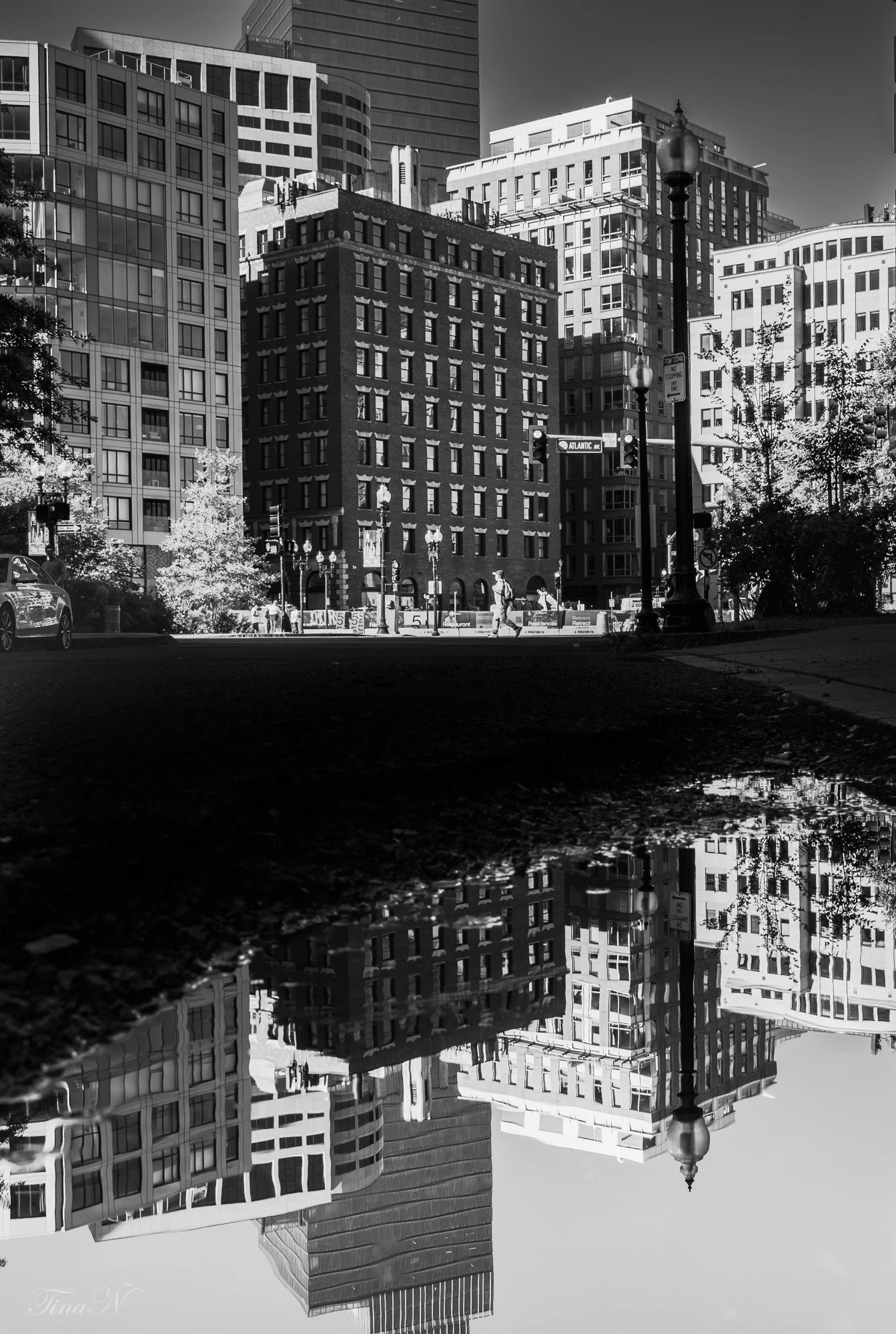 Black and white photo of tall modern city buildings with glass windows, street lights, and trees, with their reflections in a puddle on the street.