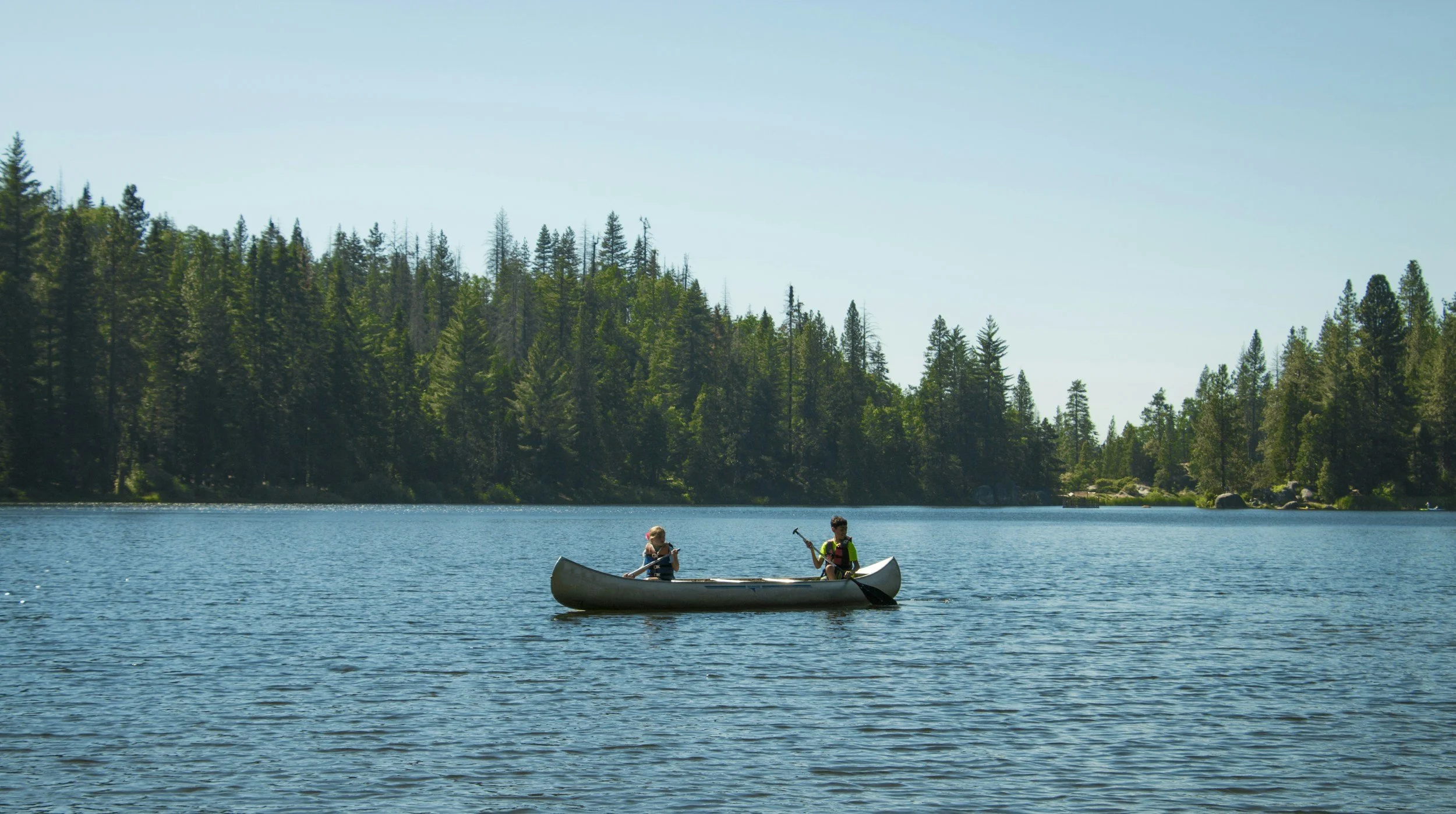 Two children in a canoe on a lake surrounded by tall trees under a clear blue sky.