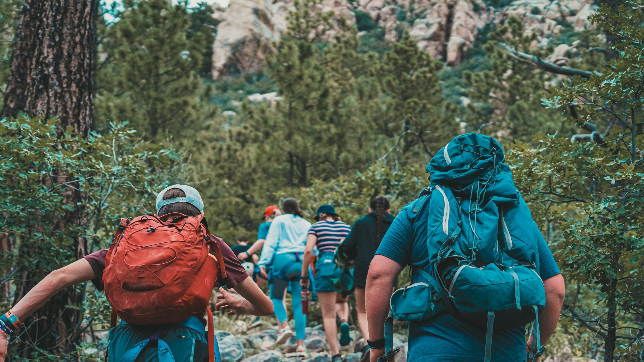 Group of hikers with backpacks walking on a forest trail surrounded by green trees and rocky mountains.