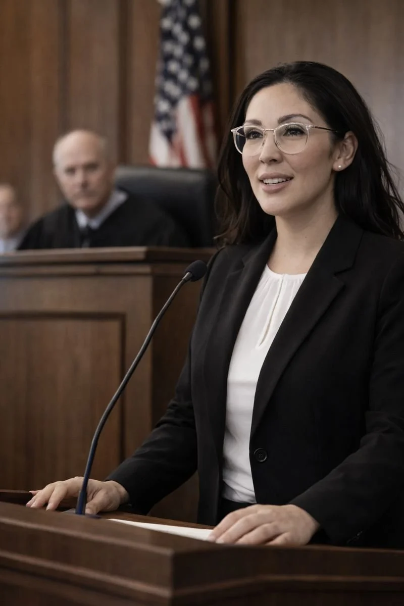 A woman with glasses and dark hair speaking at a courtroom podium, with a judge and American flag in the background.