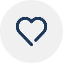 A heart-shaped outline with a small dot below it, on a light gray circular background.