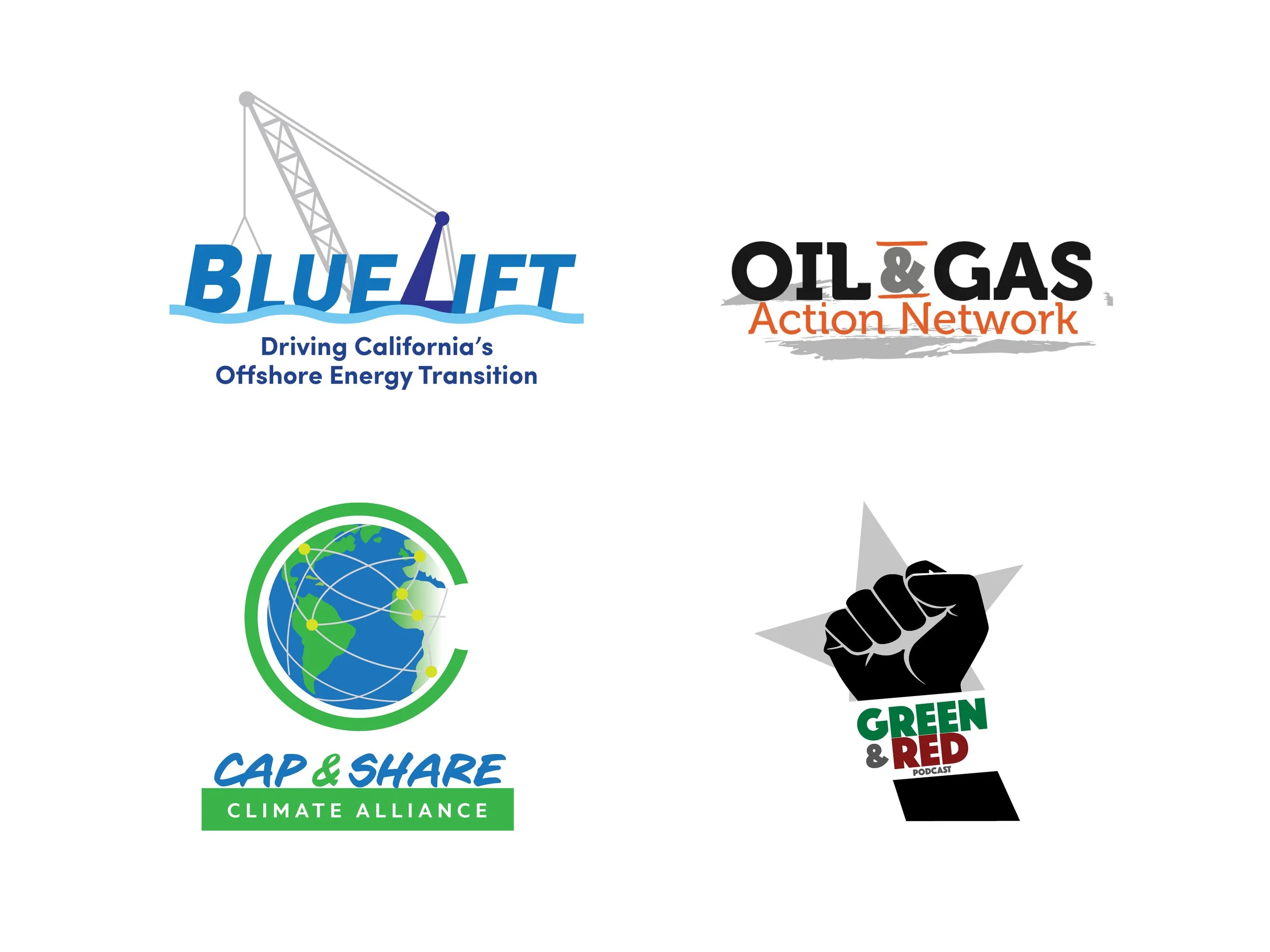 Logo Identities: BlueLift, Oil & Gas Action Network, Cap & Share Climate Alliance, Green & Red Podcast 