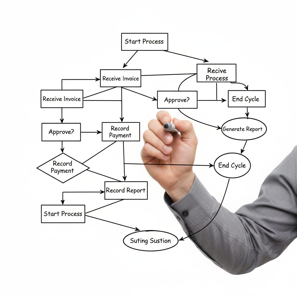 Diagrama de flujo que describe un proceso de recepción y aprobación de facturas, con pasos para registrar pagos, generar informes y finalizar el ciclo.