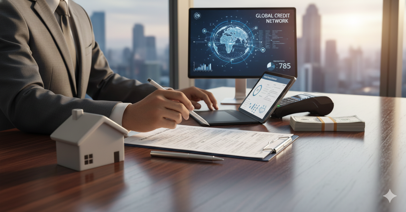 Hombre en traje revisando documentos en una oficina con vista a la ciudad, ordenador con gráficos del comercio global y una pila de dinero en efectivo sobre la mesa.