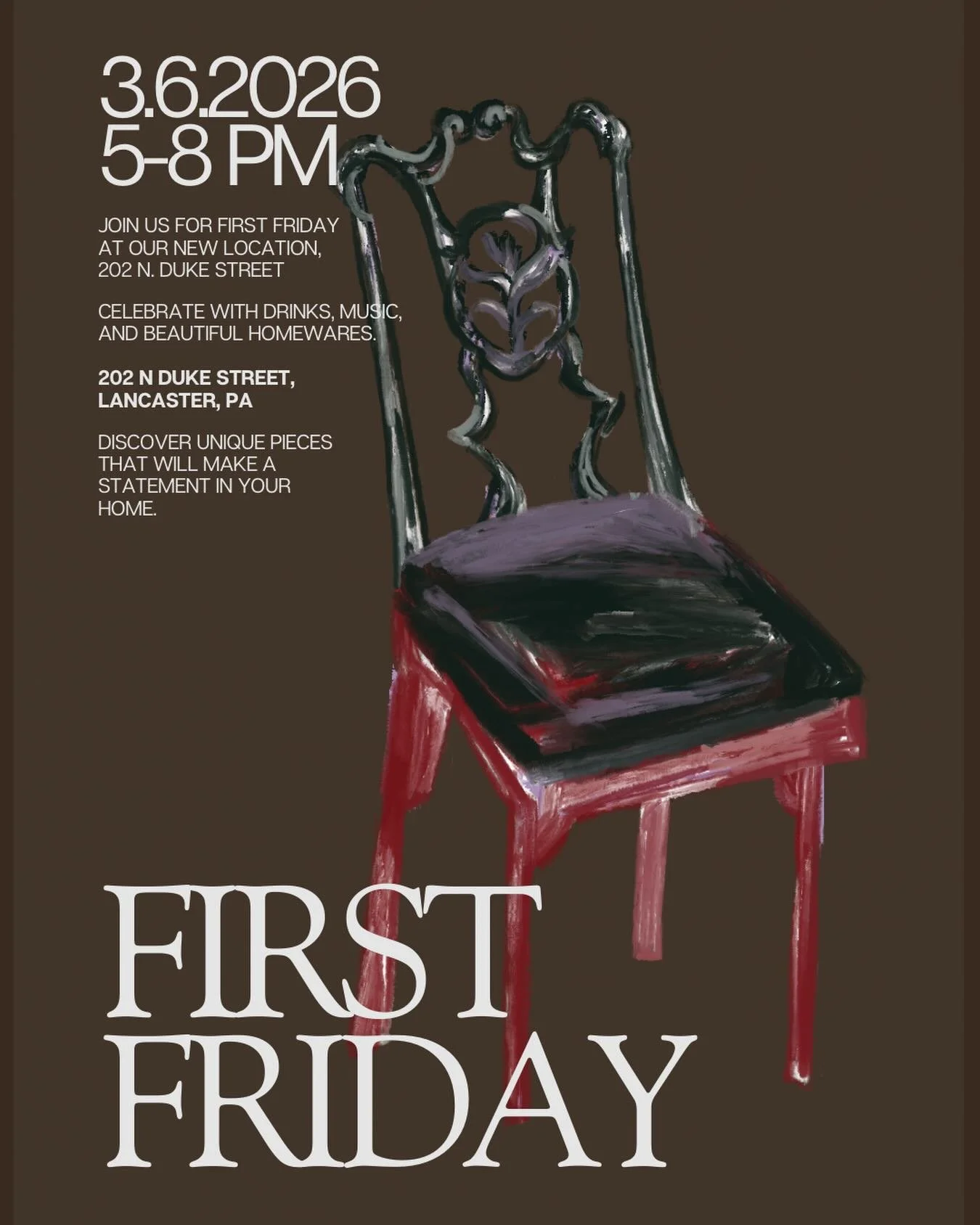 Please join us this Friday for our &ldquo;first&rdquo; First Friday at our new location: 202 N Duke Street! 

We&rsquo;ll have drinks, good conversation, and plenty of beautiful homewares to enjoy. Stop by, say hello, and help us celebrate the new sp