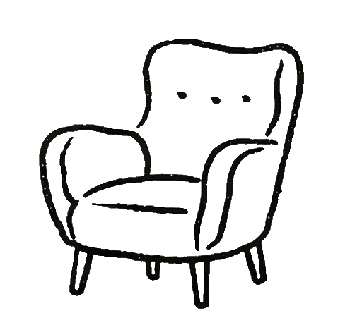 Line drawing of an armchair with a high backrest, armrests, and four angled legs.