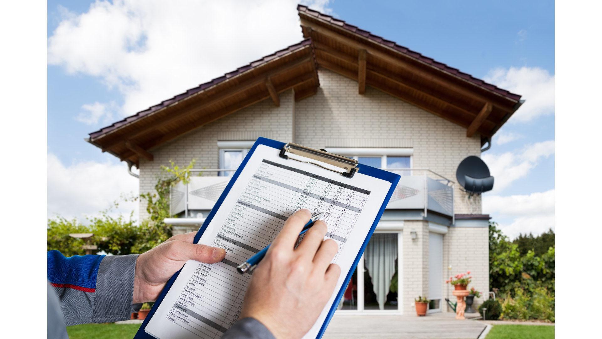 Hand holding a clipboard with a checklist and pen in front of a residential house with a patio, potted plants, and satellite dish, under a partly cloudy sky.