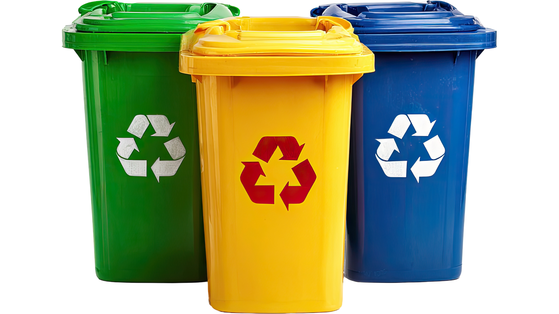 Three recycling bins in green, yellow, and blue, each with a recycling symbol, lined up side by side.