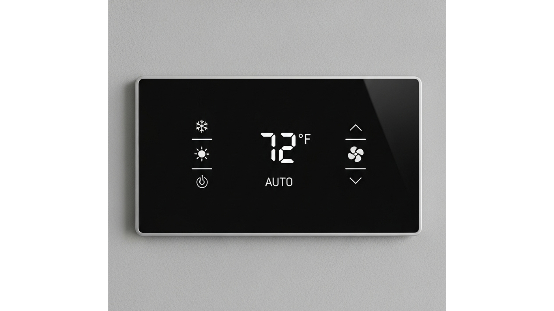 Digital thermostat displaying 72 degrees Fahrenheit, set to auto mode, with icons for snowflake, sun, power, and fan with up/down controls.