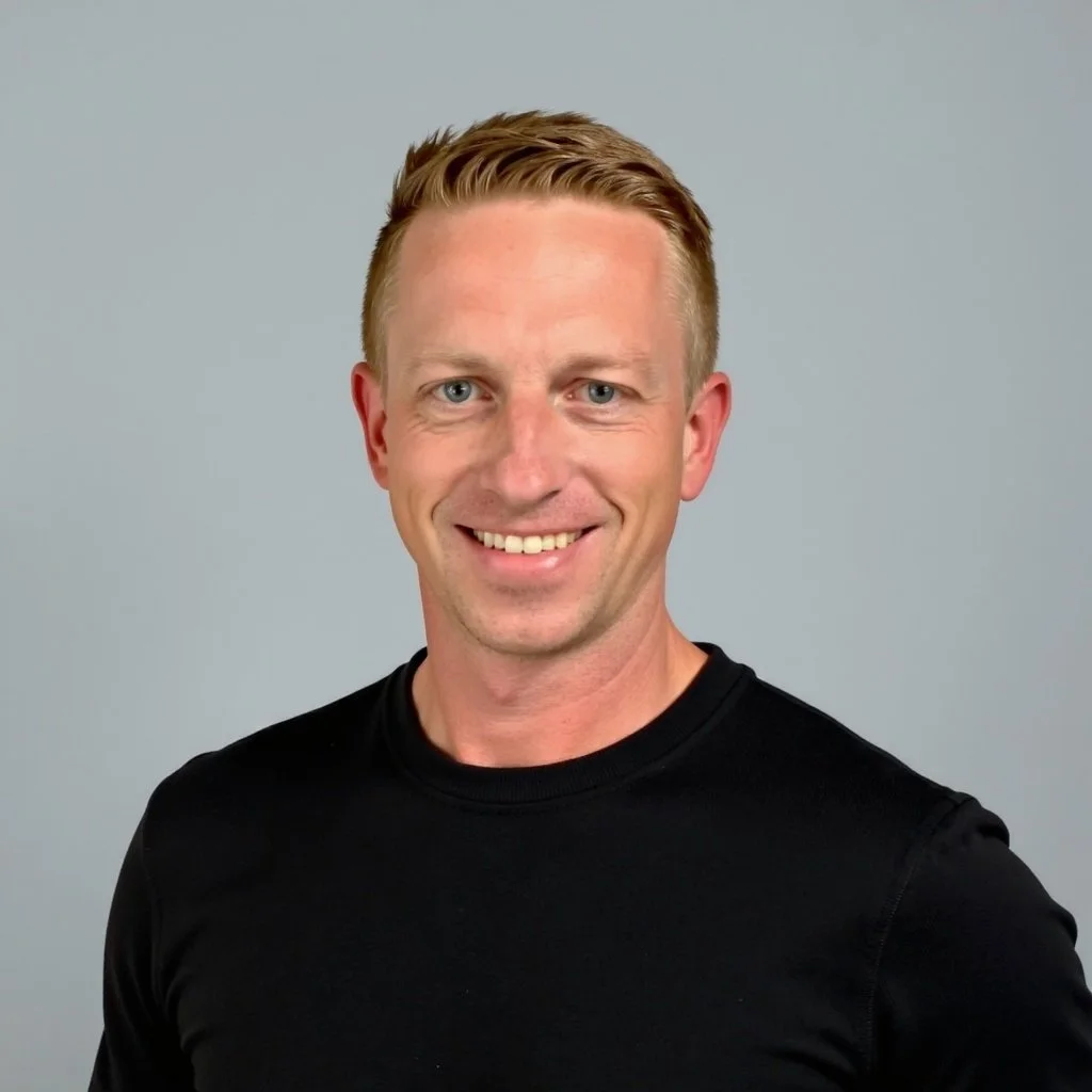 A smiling man with short blond hair wearing a black shirt, standing against a light gray background.
