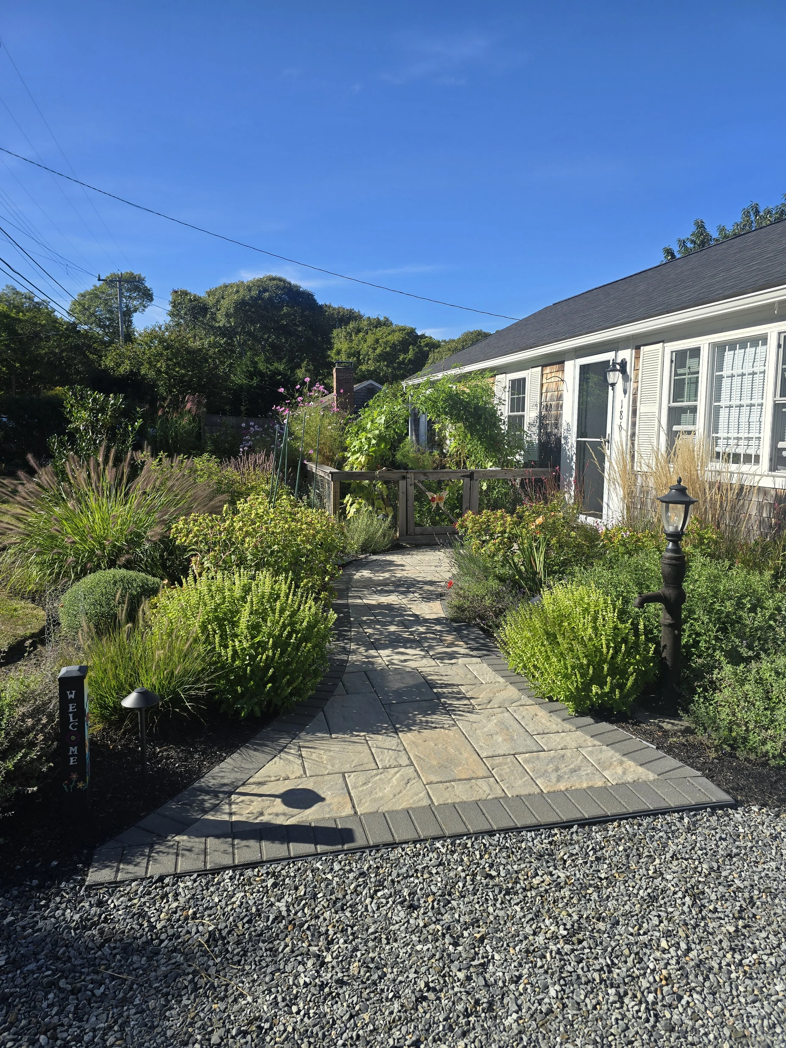 A garden with a stone pathway leading to a house with white siding. The garden has various green shrubs, flowering plants, and a small gate. There is a black lamp post and a small welcome sign on the left side. The sky is clear and blue.