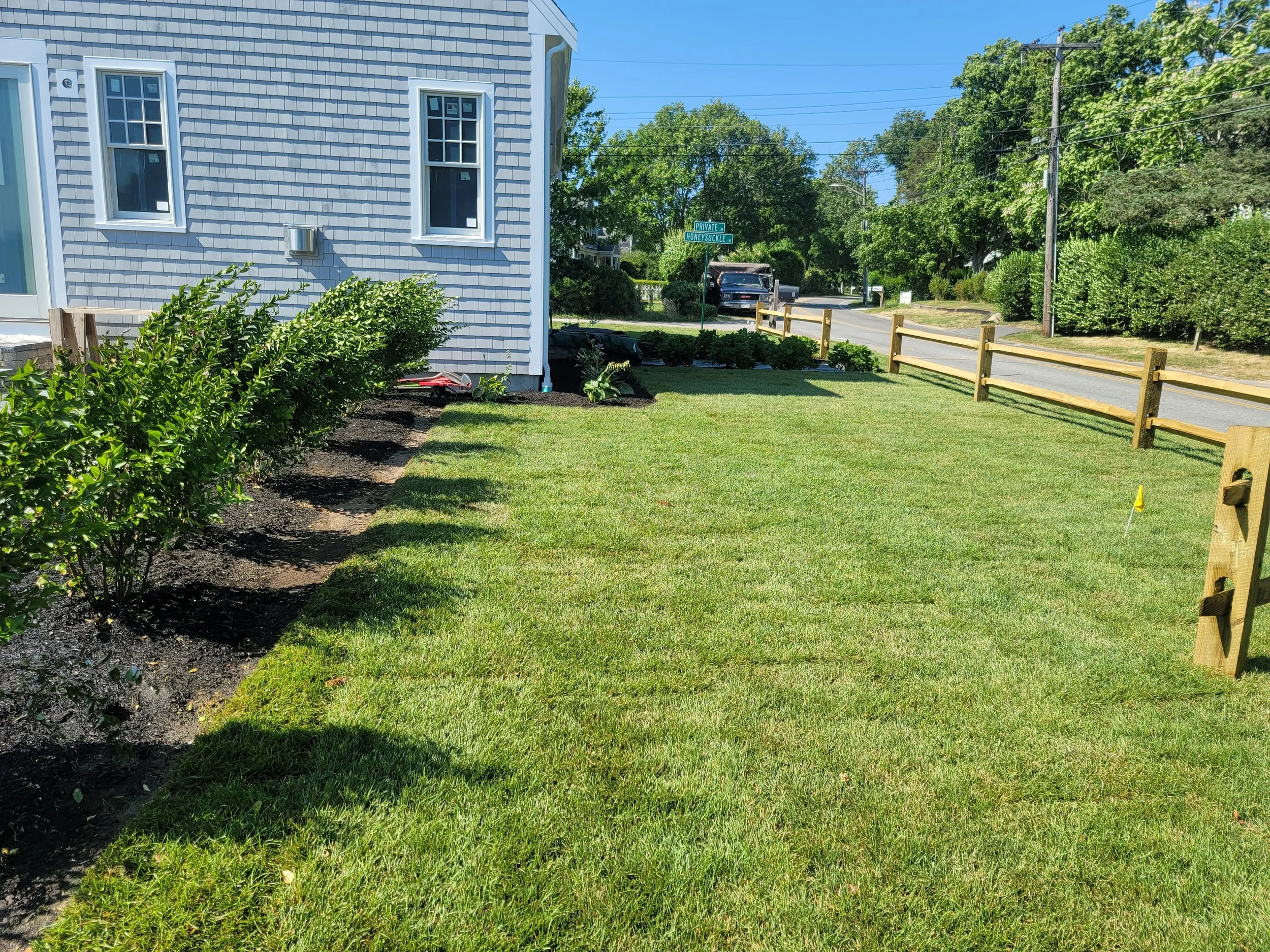 A well-maintained backyard yard with a row of bushes on the left, a trimmed lawn, a wooden fence along the right side, and a residential street with trees, a street sign, and a parked vehicle in the background.