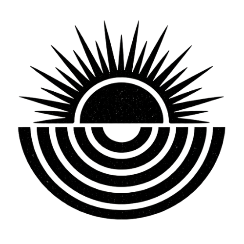 A stylized geometric illustration of a sun rising over a semi-circular landscape, with radiating lines representing sunlight.