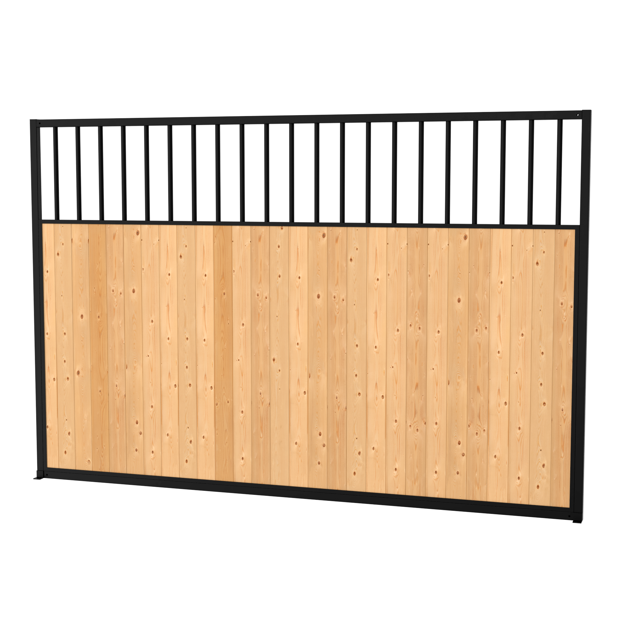 A black metal gate with a panel of vertical wooden planks at the bottom and vertical metal bars at the top.