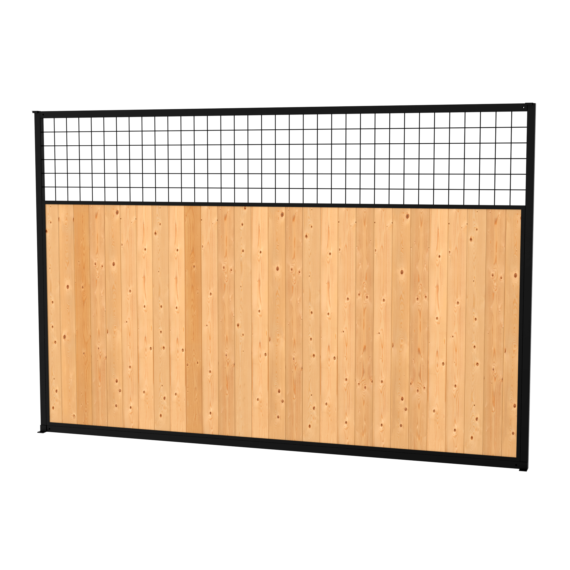 Fence panel with a wooden lower section and a mesh upper section.
