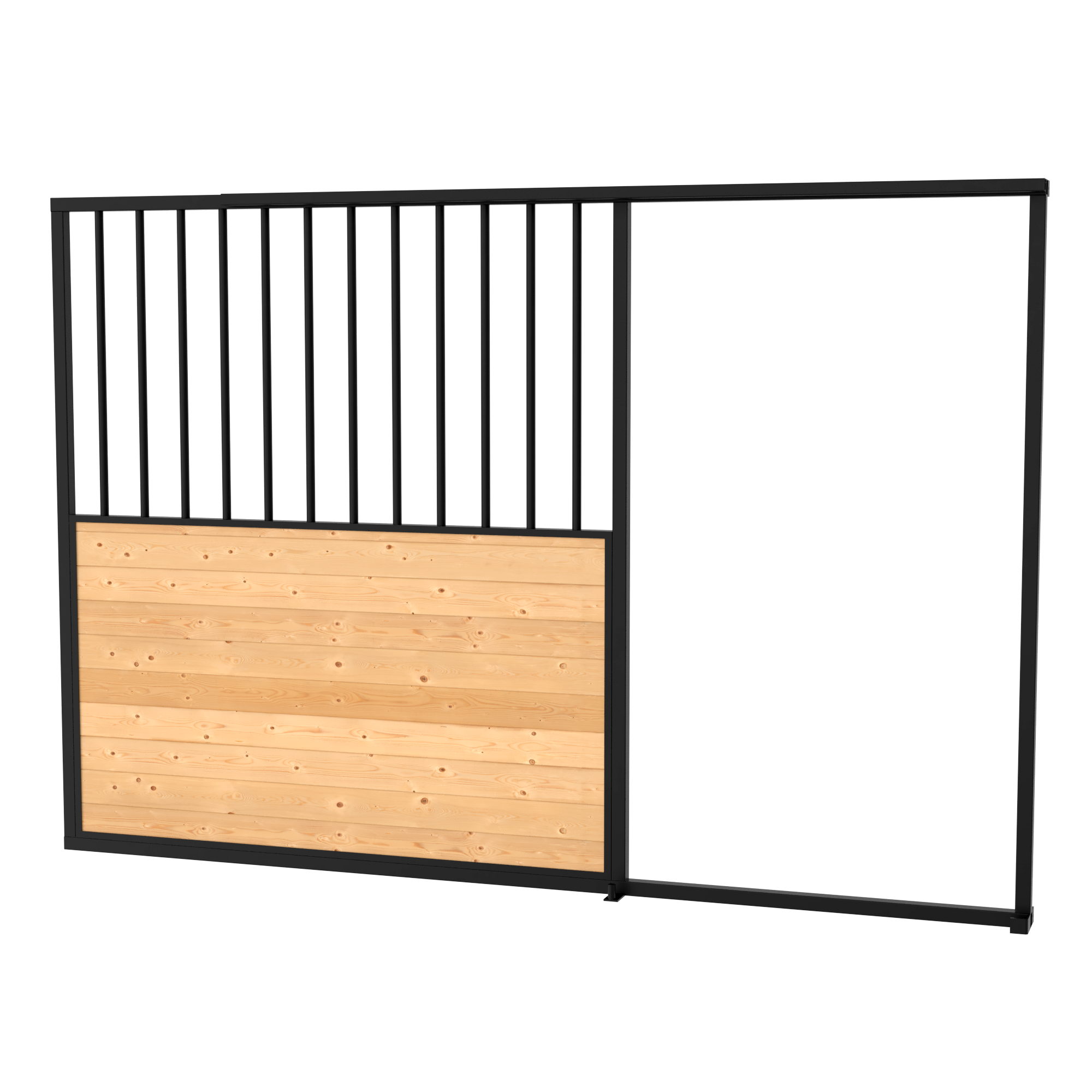 A modern interior room divider with black metal frames, a wooden lower panel, and a gray panel on the right side.