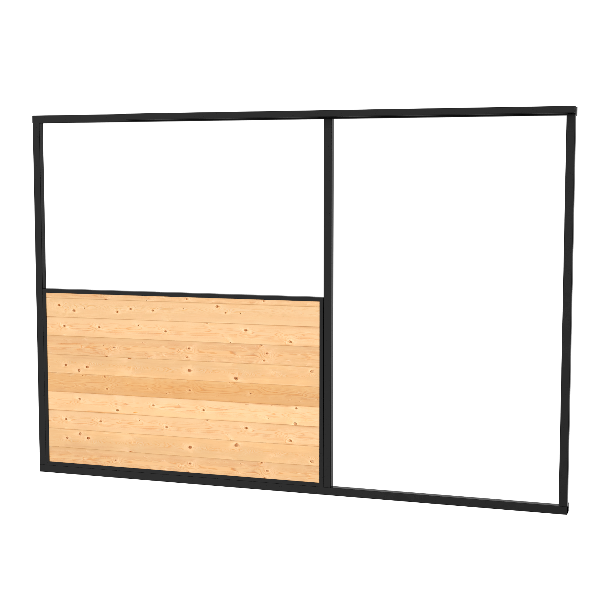 A sliding room divider with a black frame, consisting of three sections: one with gray fabric, one with clear glass, and one with light wood paneling.