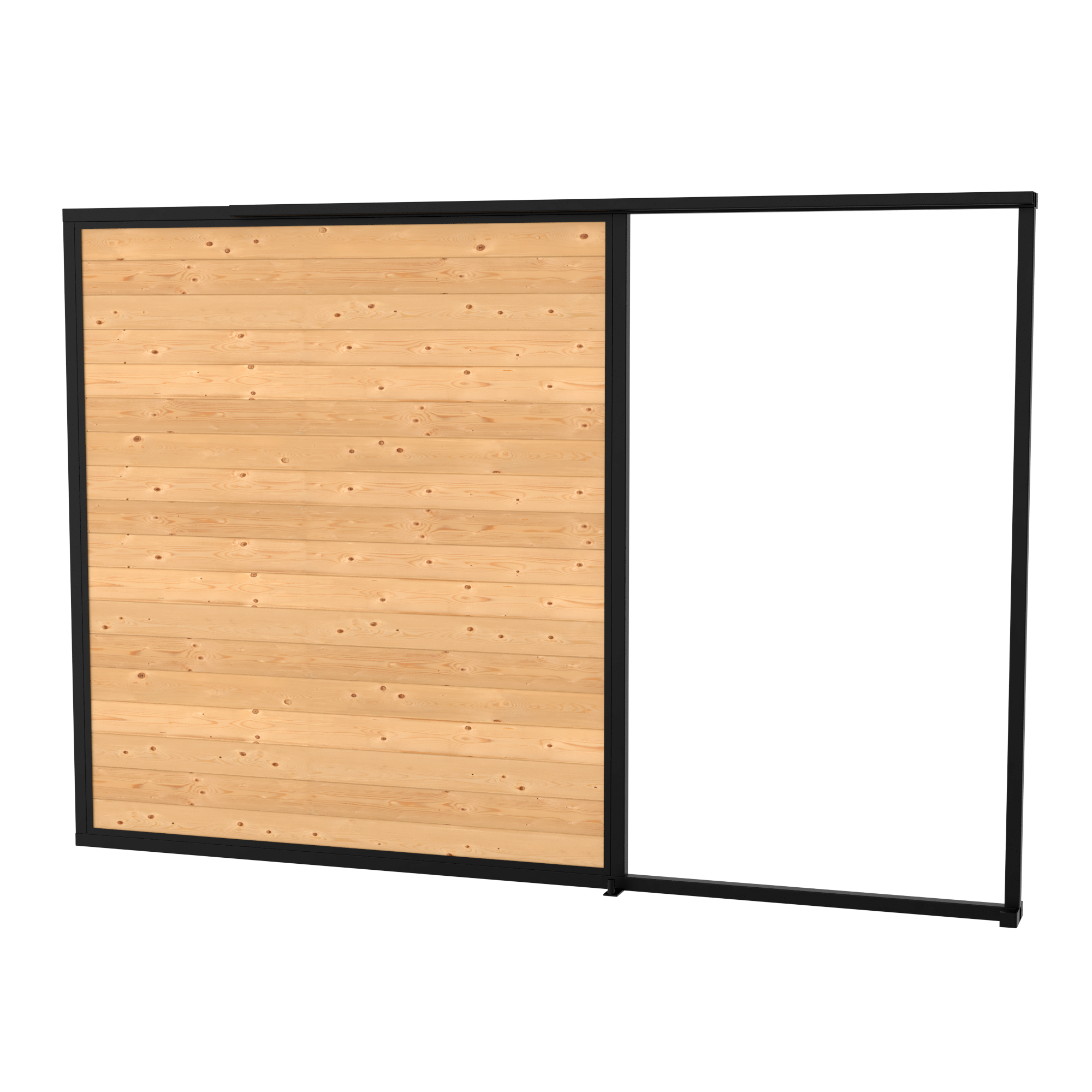 A modern sliding door with one side made of light wood panels and the other side a plain white surface, framed in black.