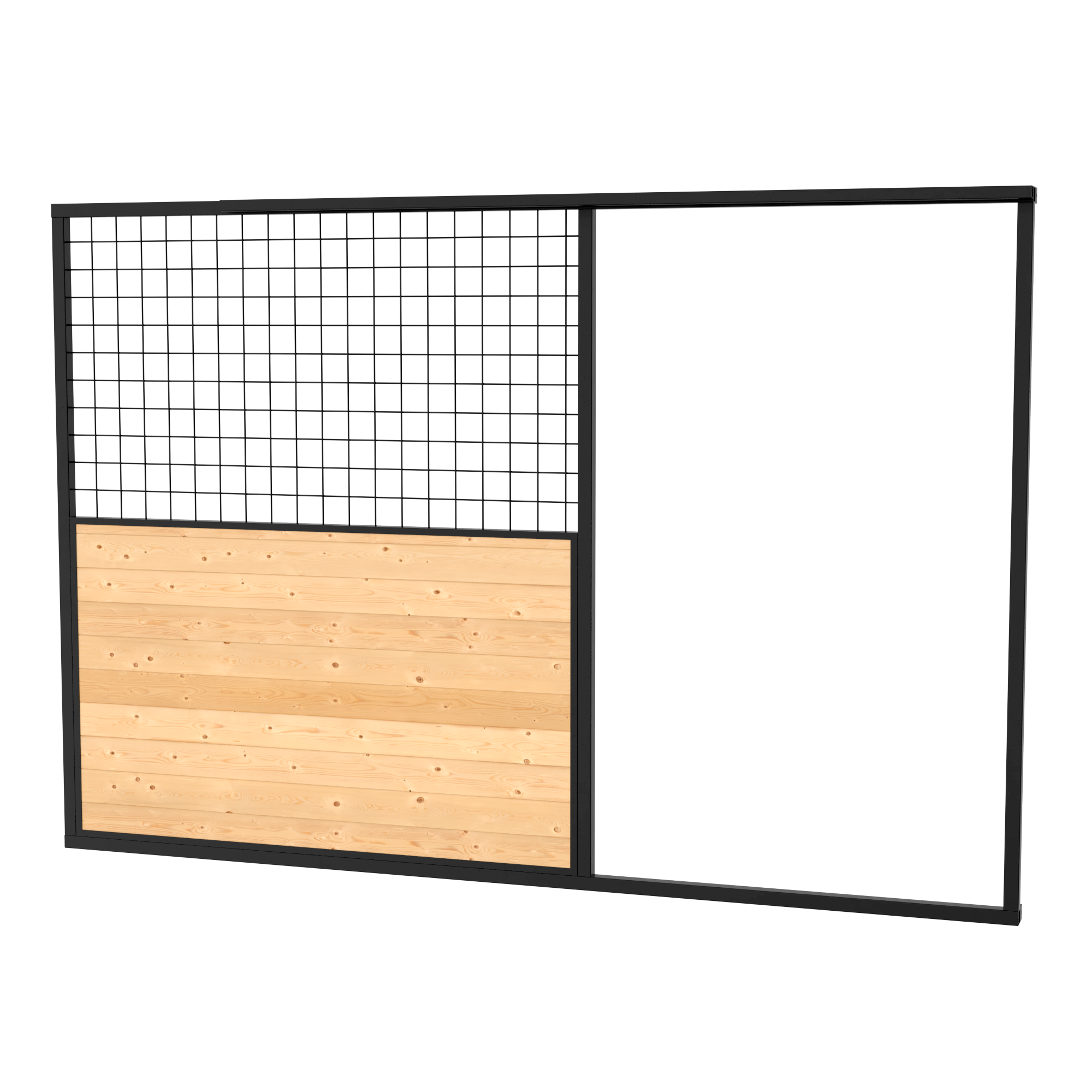 A modern room divider with a black metal frame, featuring a wood panel at the bottom, a wire grid section above it, and a plain white panel on the right side.