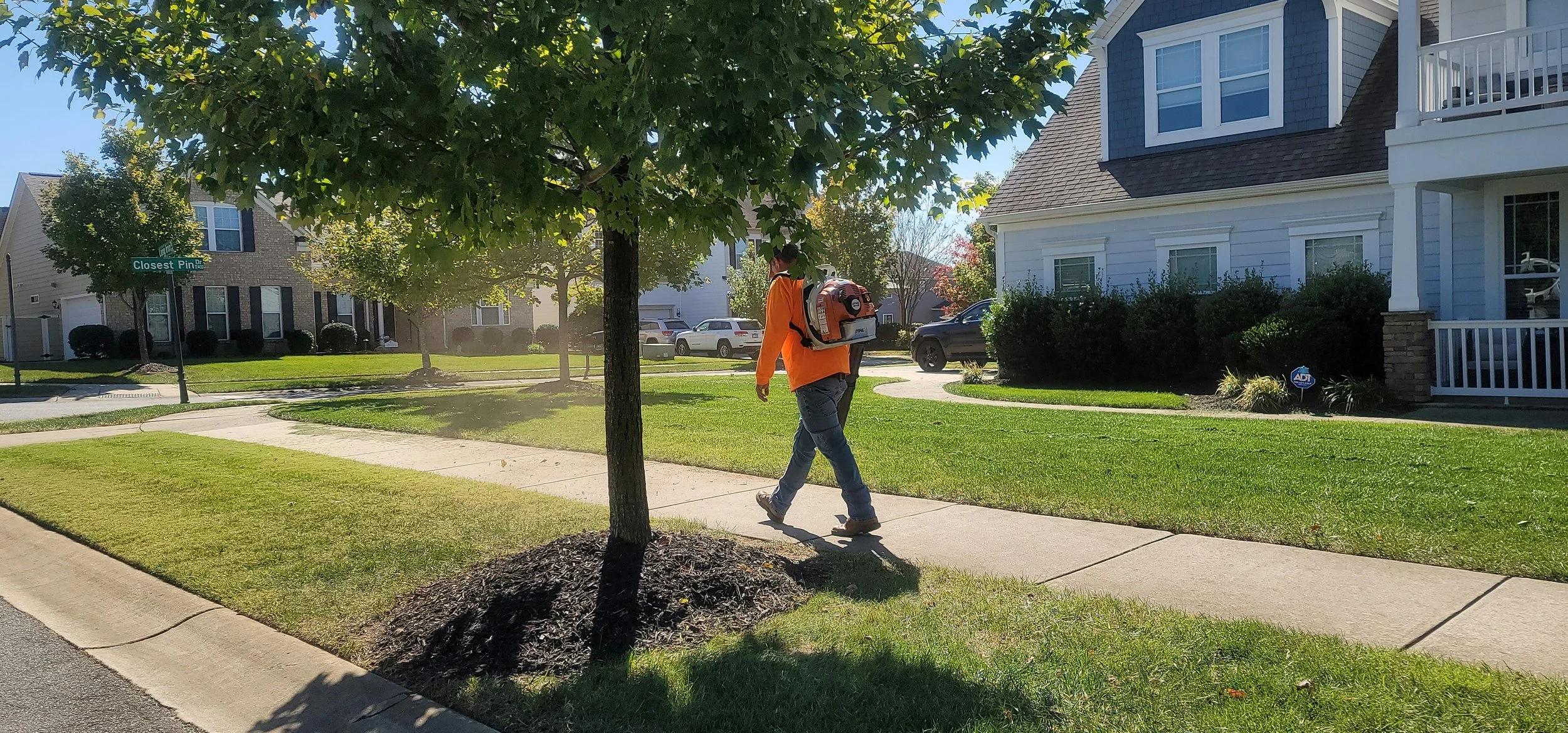 A person wearing an orange jacket and jeans walking on a sidewalk with a leaf blower backpack in a suburban neighborhood with neatly maintained lawns, trees, and houses.