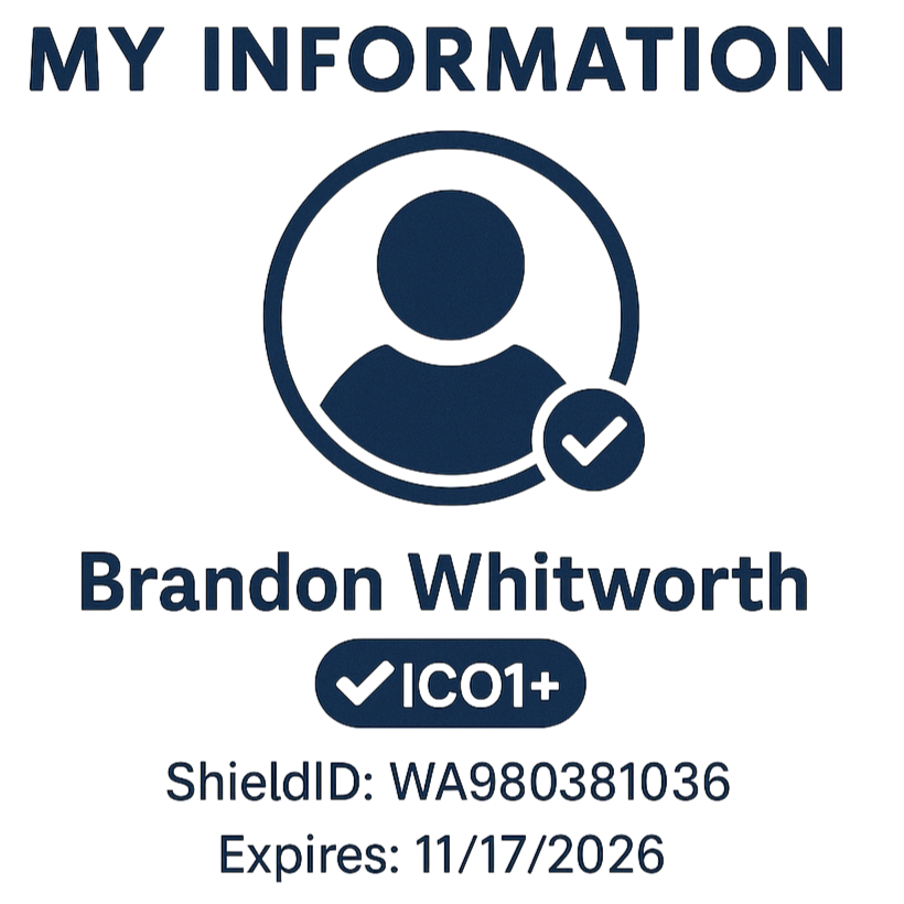 Digital profile card with the title 'My Information' at the top, a user icon with a verification checkmark, the name 'Brandon Whitworth,' a certification badge labeled 'ICO1+,' a shield ID number, and an expiration date of November 17, 2026.