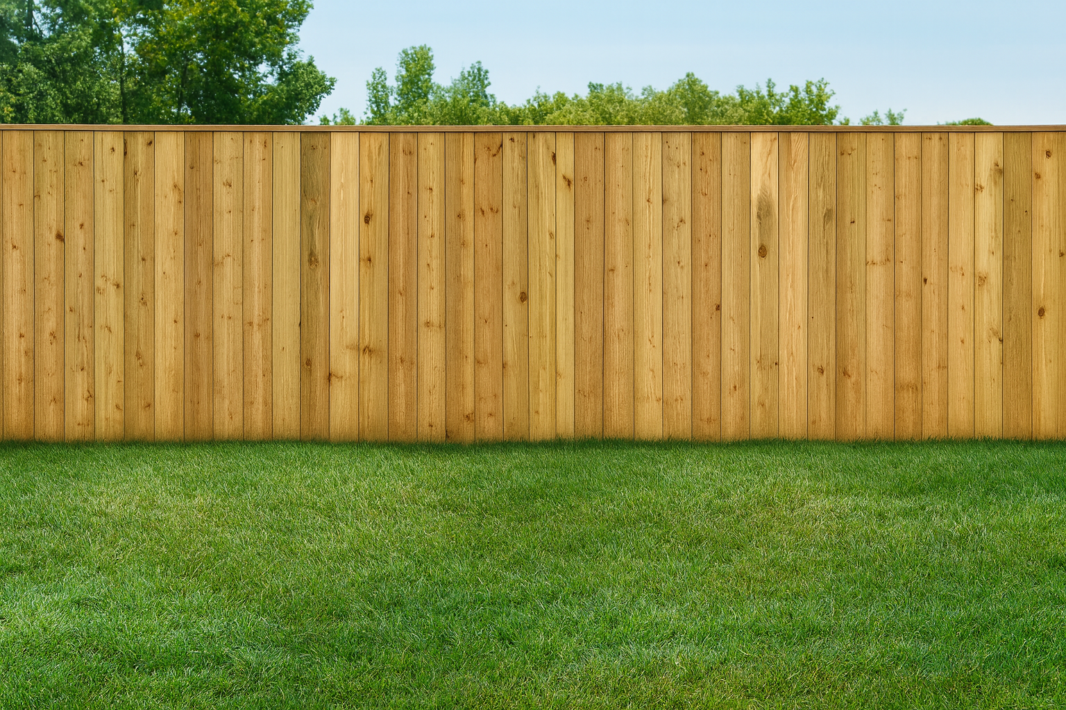 Image of a wooden privacy fence with green grass in front and trees in the background.