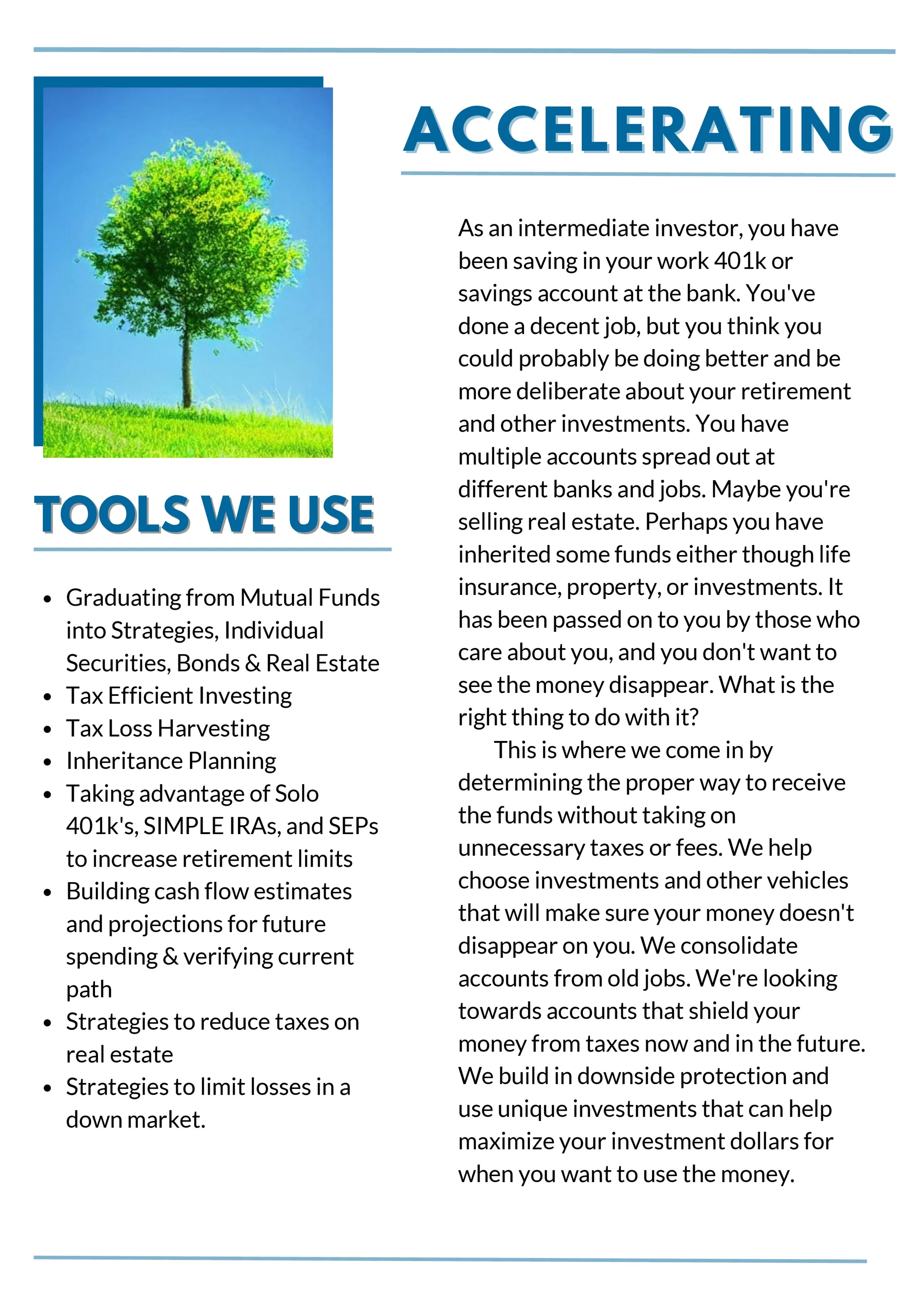 A brochure page with a photo of a green tree on the left, and text about investment tools and strategies on the right, including headlines like 'ACCELERATING' and 'TOOLS WE USE'.