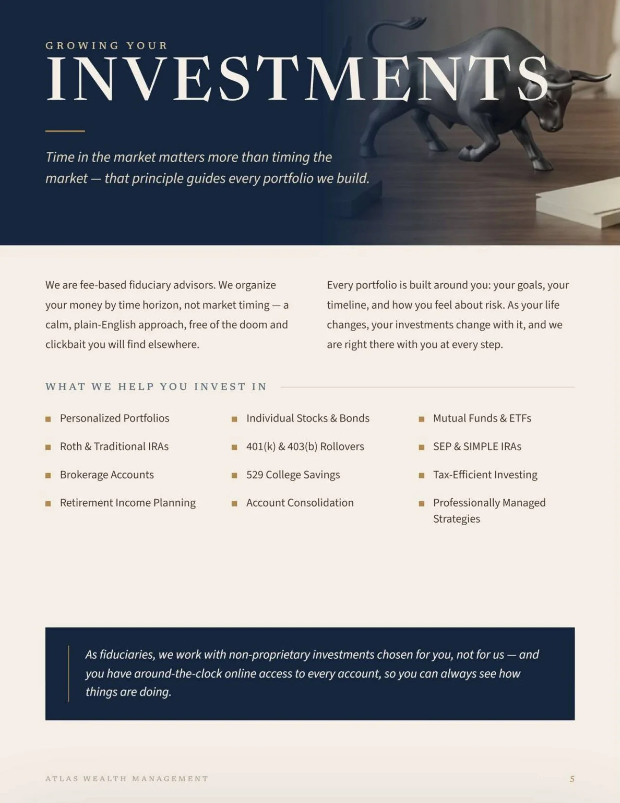 A digital flyer titled 'Growing Your Investments' discussing the importance of market timing and how the company helps clients invest through various options like personalized portfolios, stocks and bonds, IRAs, college savings, and professional strategies.