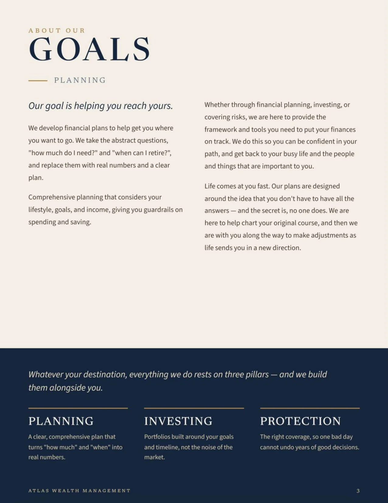 A financial planning document titled "About Our Goals" with sections about planning, investing, and protection, featuring a navy blue footer with mission statement and page number 3.