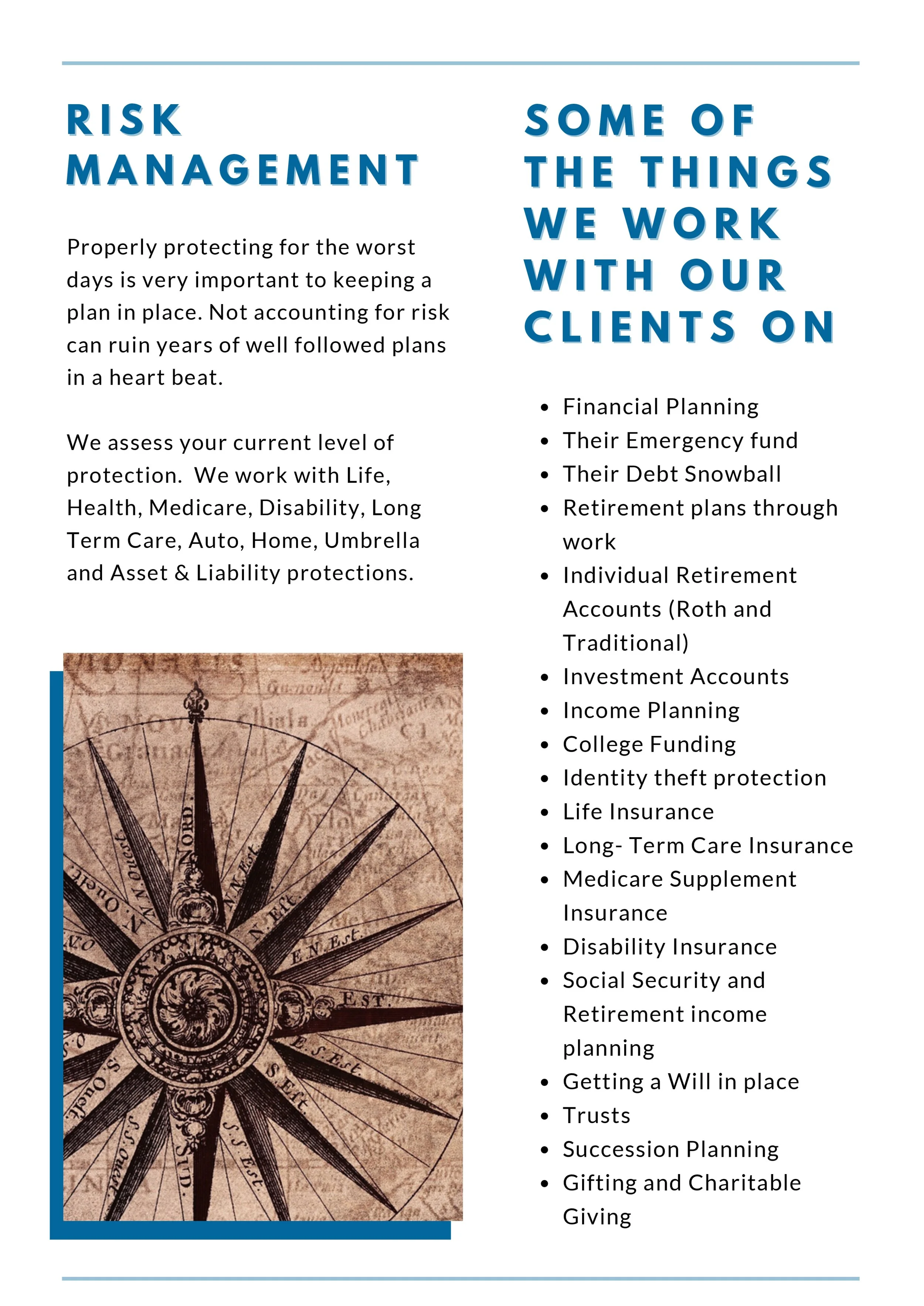 A page with two columns discussing financial and risk management topics. The left column highlights the importance of planning and protection, featuring an old-fashioned compass. The right column lists various services like financial planning, retirement accounts, investment, insurance, estate planning, and charitable giving.