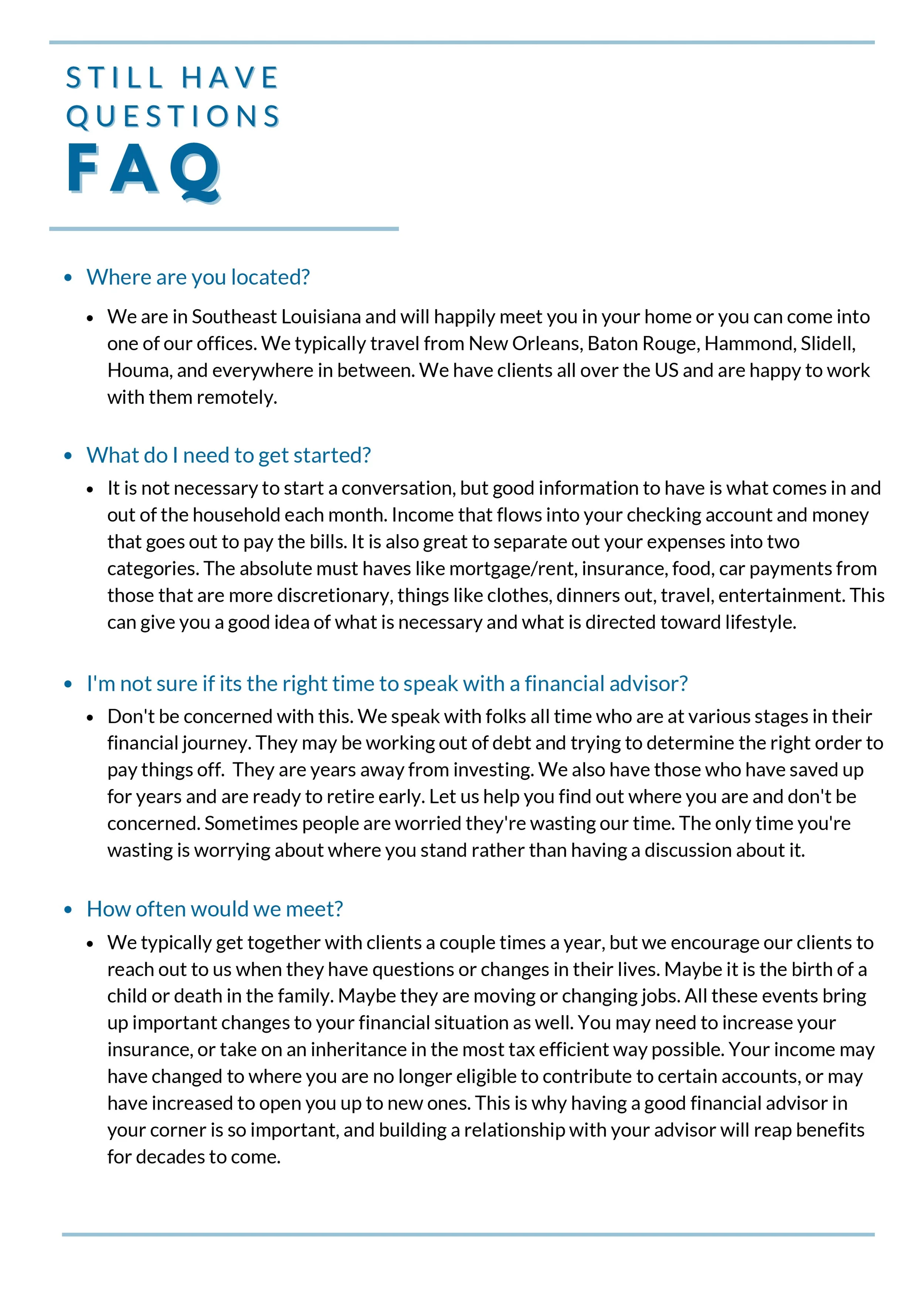 FAQ page with questions and answers about location, starting a financial conversation, speaking with an advisor, and meeting frequency, from a financial services website.