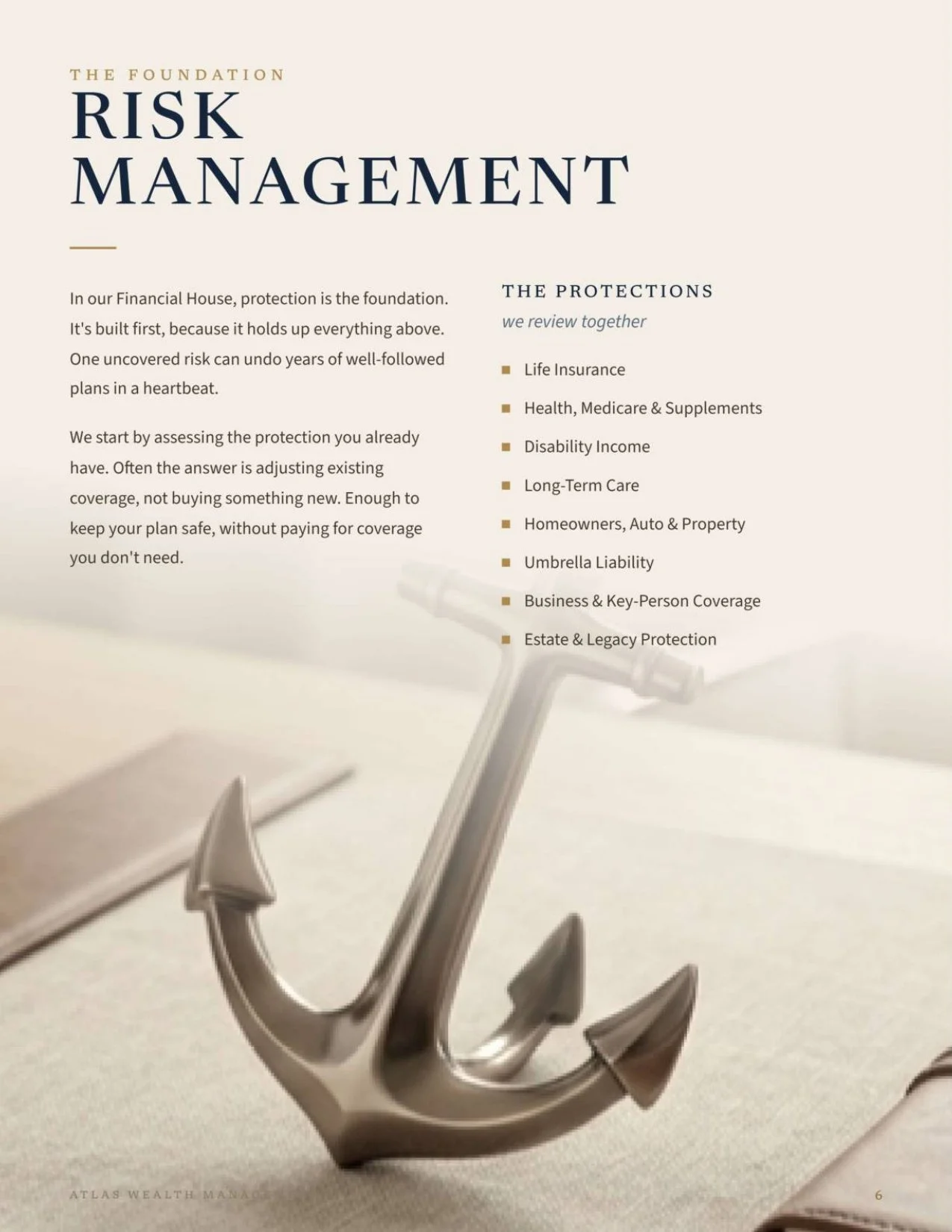 A printed page from a financial guide titled 'Risk Management' with a background image of an anchor.