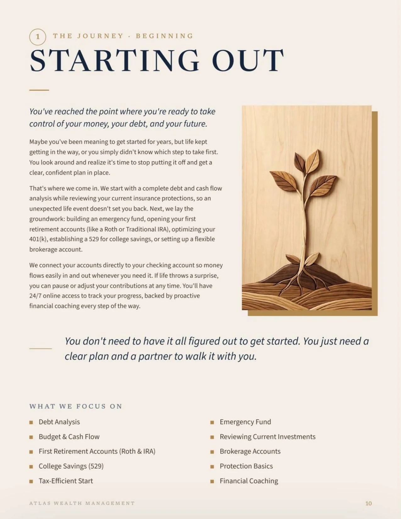 A page from a financial planning guide with text about starting financial management and an illustration of a small plant sprouting from the ground, made of wood or similar material, symbolizing growth.