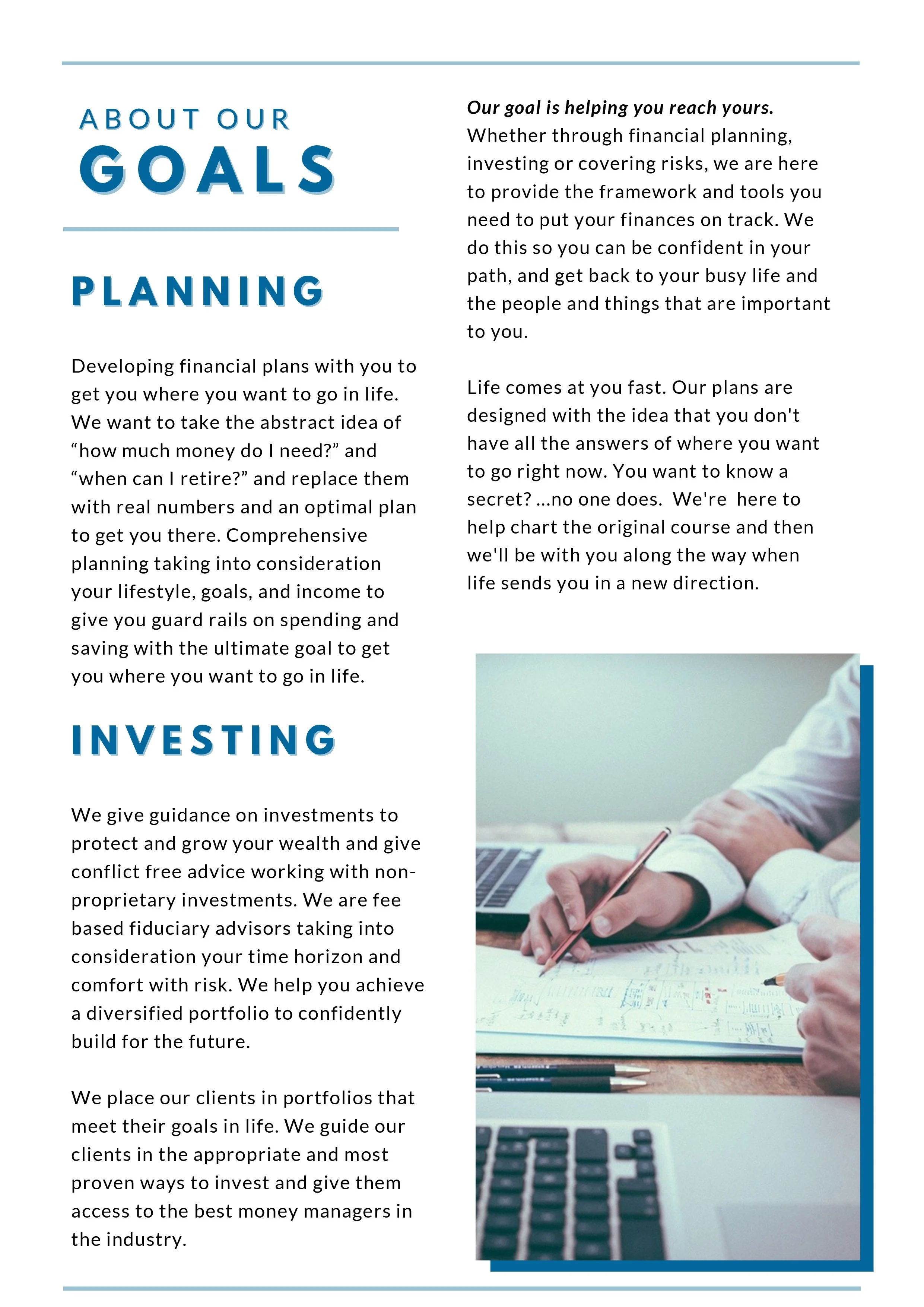 A flyer or brochure page with text about financial goals, planning, and investing, and a photo of a person working on documents with a laptop and documents on a desk.
