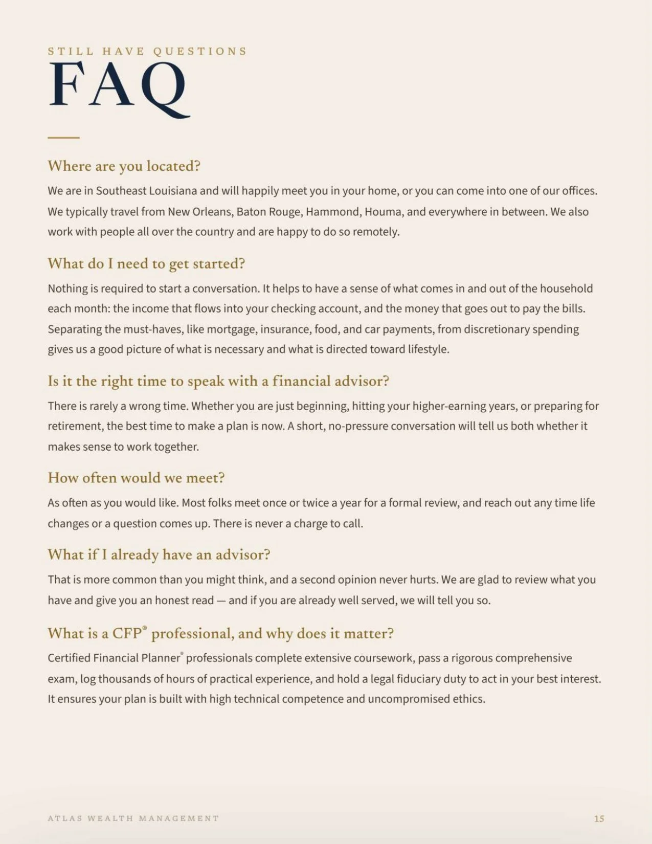 A FAQ section of a financial document from Atlas Wealth Management, with questions related to meeting frequency, advisor consultation, and financial planning.