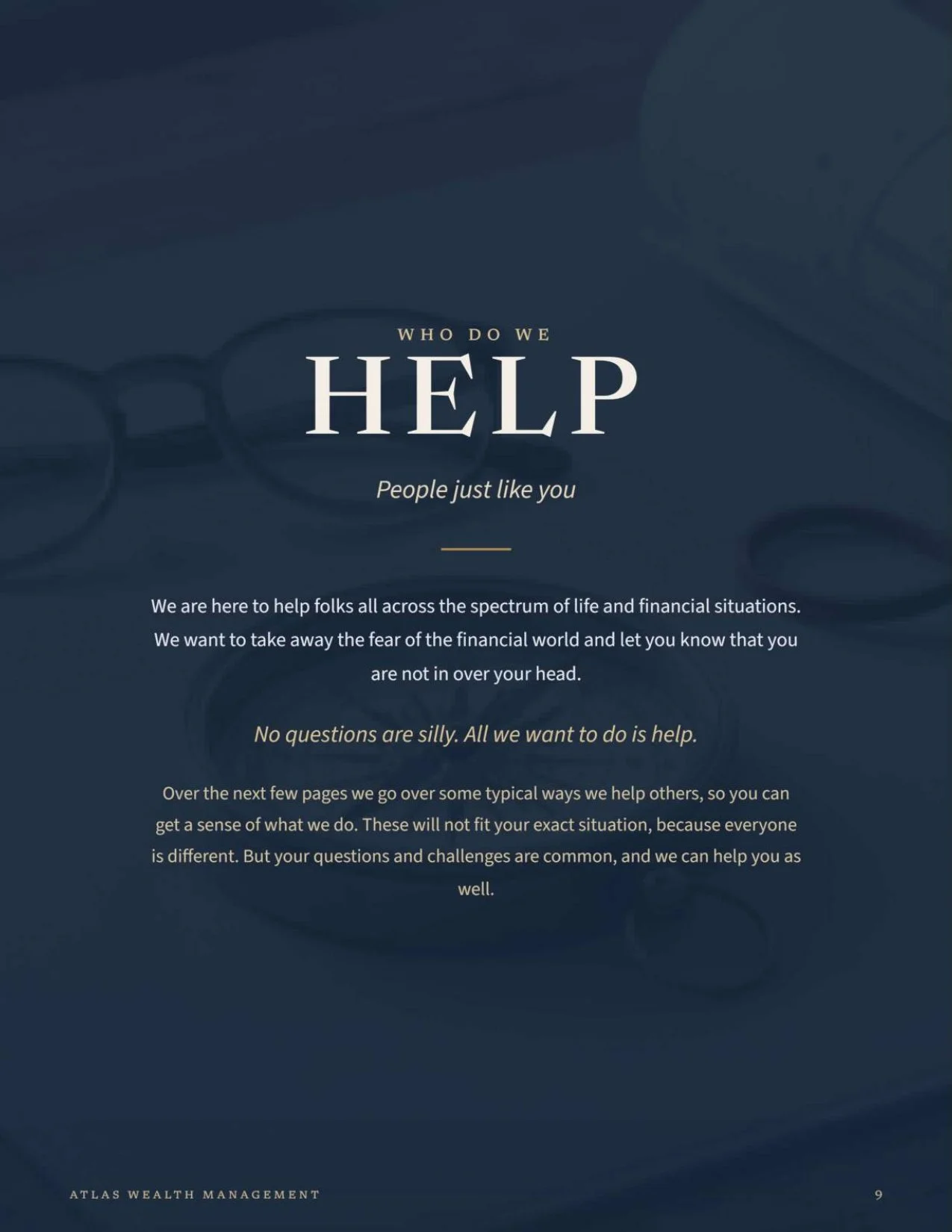 A promotional page for Atlas Wealth Management. The text discusses helping people with financial concerns and emphasizes that no question is silly, offering support over various life and financial situations.