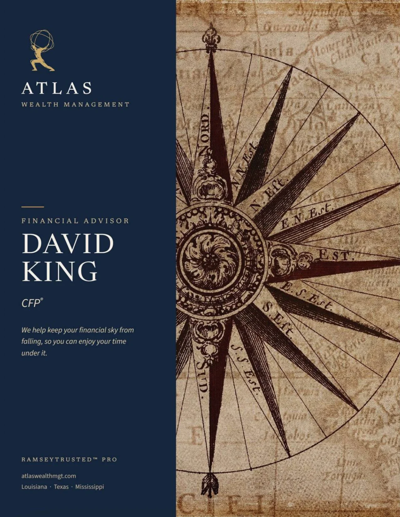 Book cover titled 'Atlas Wealth Management' with a vintage map and compass design, featuring the name David King as the financial advisor and CFP certification, and a tagline about financial stability.