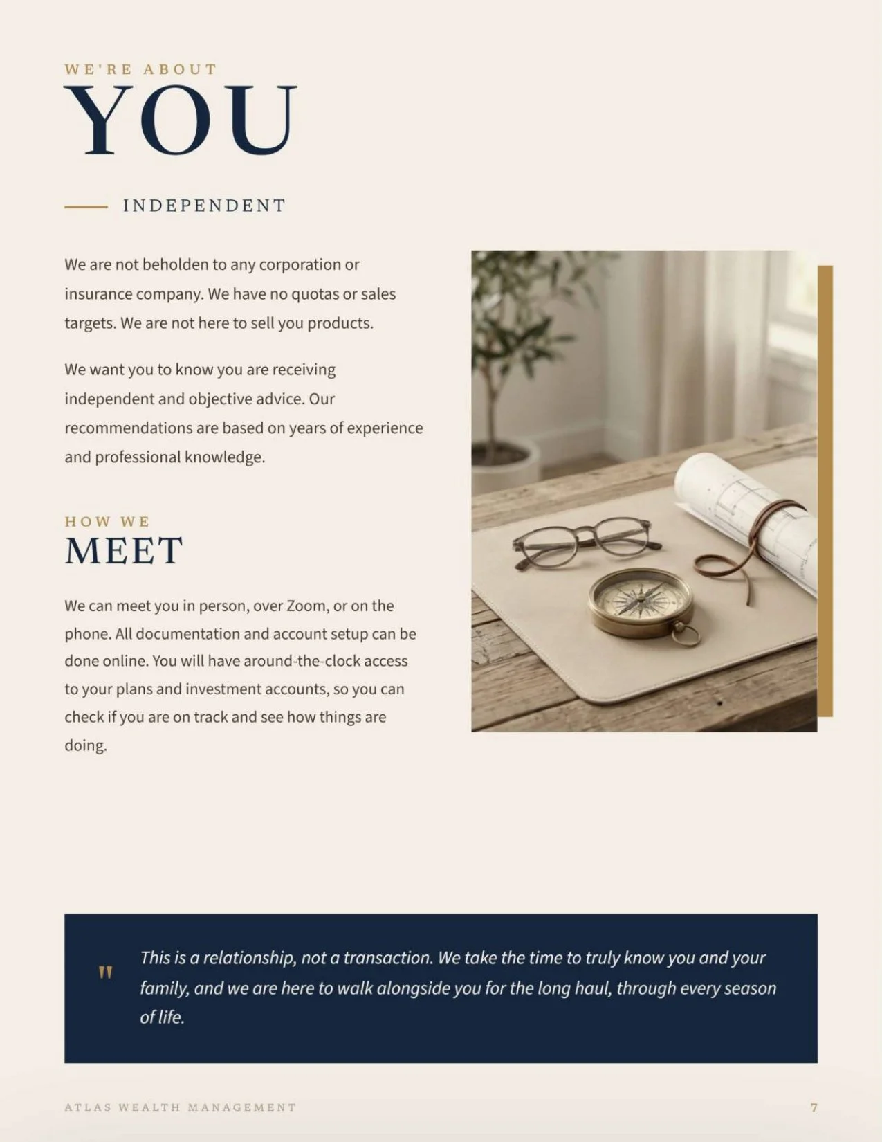Brochure page with text about being independent and meeting in person or online, and a photograph of glasses, a rolled-up document, a compass, and a potted plant on a wooden desk near a window.